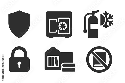 Preservation Icons Collection. Solid style icons of preservation: shield, safe box, sealed folder, fire extinguisher, climate