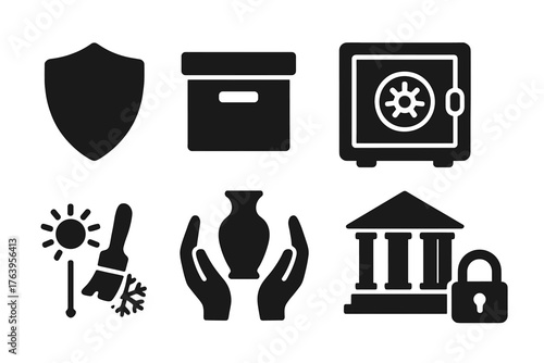 Preservation Efforts Icons. Solid style icons of preservation efforts: shield, archive box, safe, conservation brush, climate