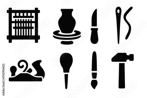 Artisan Skill Icons. Solid style icons of artisan skills: weaving loom, pottery wheel, carving knife, sewing needle, wood plane,