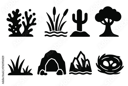 Habitat Icons Collection. Solid style icons of habitats: coral reef, wetland, desert cactus, rainforest tree, savanna grass, cave,