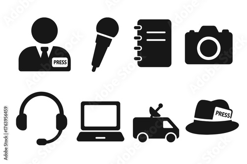 Reporter Icons Collection. Solid style icons of reporters: journalist figure, microphone, notebook, camera, headset, laptop, news
