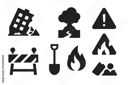 Disaster Icons Collection. Solid style icons of disaster sites: collapsed building, cracked ground, smoke cloud, warning sign,