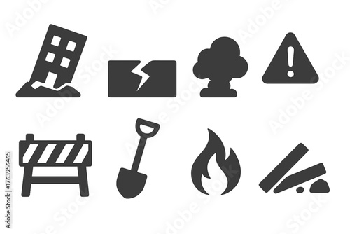 Disaster Icons Collection. Solid style icons of disaster sites: collapsed building, cracked ground, smoke cloud, warning sign,