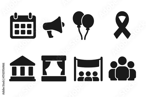 Volunteer Event Icons. Solid style icons of volunteer events: calendar, loudspeaker, balloons, ribbon, community hall, stage,