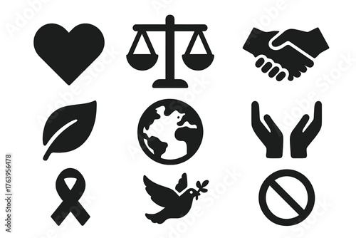 Ethical Icons Collection. Solid style icons of ethical alternatives: heart, scales, handshake, eco leaf, globe, open hands, ribbon