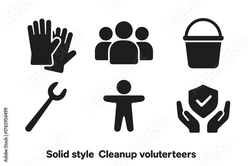 Cleanup Volunteer Icons. Solid style icons of cleanup volunteers: gloves, group of people, bag, bucket, tongs, child figure, open