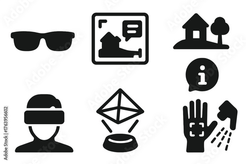 Augmented Reality Icons. Solid style icons of Augmented Reality: smart glasses, digital overlay, real world scene, information