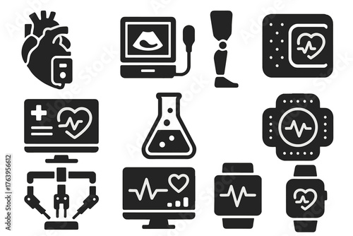 Biomedical Engineering Icons. Solid style icons of Biomedical Engineering: artificial organ, diagnostic device, prosthetic design,