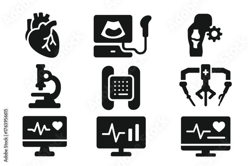 Biomedical Engineering Icons. Solid style icons of Biomedical Engineering: artificial organ, diagnostic device, prosthetic design,