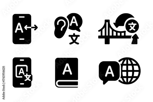 Language Translation Icons. Solid style icons of Language Translation: real-time text, earpiece, cultural bridge, communication