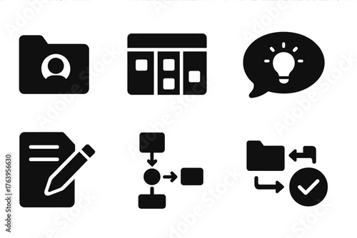 Online Collaboration Icons. Solid style icons of Online Collaboration: shared folder, project board, brainstorming bubble, group