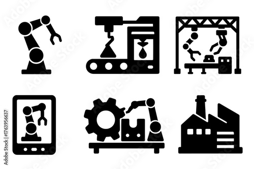 Industrial 3D Printing Icons. Solid style icons of Industrial 3D Printing: robotic arm, conveyor line, metal printer, production