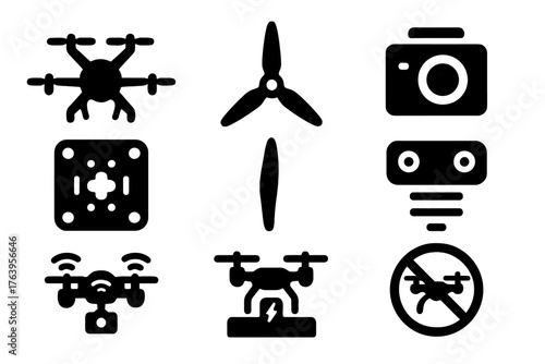 Aerial Robotics Icons. Solid style icons of Aerial Robotics: hexacopter, propeller, drone camera, flight controller, rotor blade,