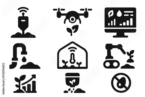 Smart Agriculture Icons. Solid style icons of Smart Agriculture: soil sensor, farm drone, data dashboard, irrigation pipe,
