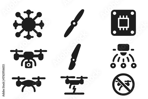 Aerial Robotics Icons. Solid style icons of Aerial Robotics: hexacopter, propeller, drone camera, flight controller, rotor blade,