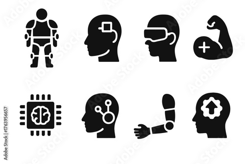 Human Enhancement Icons. Solid style icons of Human Enhancement: exoskeleton, neural implant, augmented vision, strength boost,