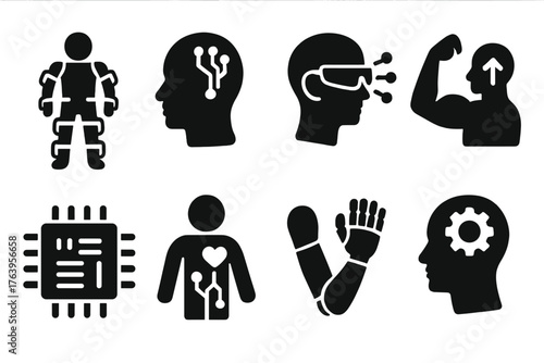 Human Enhancement Icons. Solid style icons of Human Enhancement: exoskeleton, neural implant, augmented vision, strength boost,