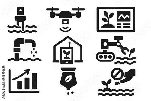 Smart Agriculture Icons. Solid style icons of Smart Agriculture: soil sensor, farm drone, data dashboard, irrigation pipe,