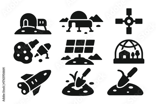 Space Colonization Icons. Solid style icons of Space Colonization: lunar base, Mars habitat, orbital station, asteroid mining,