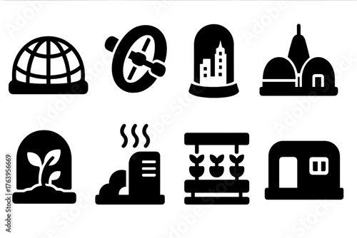 Futuristic Habitable Structures Icons. Solid style icons of Habitable Structures: biosphere dome, rotating habitat, city cylinder,