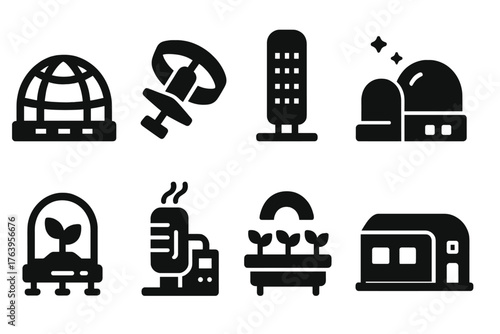 Futuristic Habitable Structures Icons. Solid style icons of Habitable Structures: biosphere dome, rotating habitat, city cylinder,