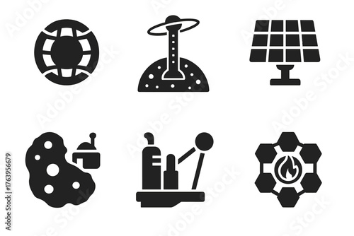 Cosmic Engineering Icons. Solid style icons of Cosmic Engineering: Dyson sphere, orbital elevator, solar collector, asteroid base,