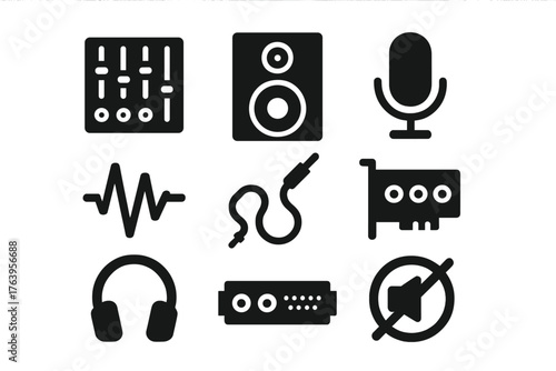Sound Engineering Essentials. Solid style icons of Sound Engineering: mixing console, studio monitor, microphone, audio waveform,