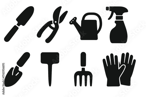 Plant Care Icons. Solid style icons of Plant Care Tools: garden trowel, pruning shears, watering can, spray bottle, soil scoop,