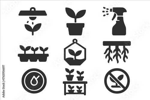 Indoor Gardening Icons. Solid style icons of Indoor Gardening: grow lamp, potted plant, mist sprayer, seedling tray, glass