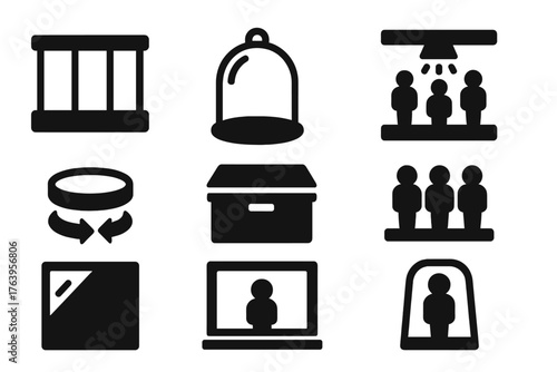 Collector Display Icons. Solid style icons of Collector Showcase: display case, glass dome, lit shelf, rotating stand, storage box