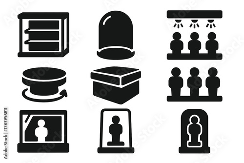 Collector Display Icons. Solid style icons of Collector Showcase: display case, glass dome, lit shelf, rotating stand, storage box