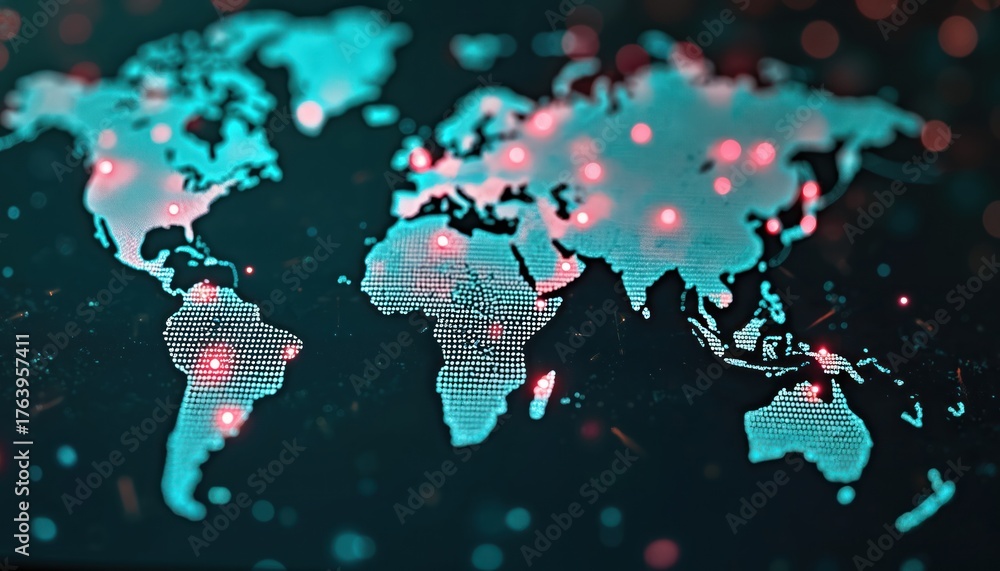 Fototapeta premium Global cybersecurity threat map visualization. Futuristic interface displays digital threats, risks detected by advanced analytics. World map shows connections, data points, potential network