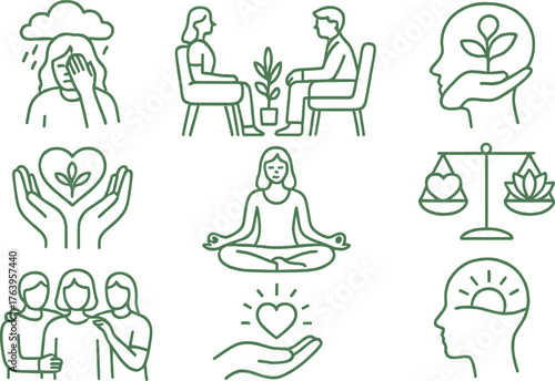 Mental health therapy and mindfulness icons set — psychology, depression, meditation and emotional balance concept