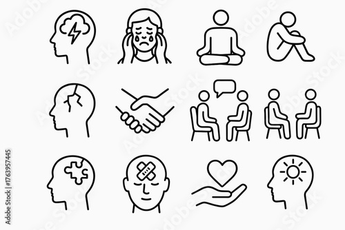 Mental health line icons — therapy, anxiety, depression support, and mindfulness symbols