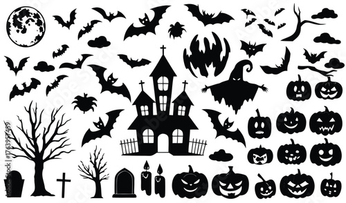 Spooky Halloween Silhouette Decor with Haunted House, Bats, Pumpkins, and Moon - 2025 Scary Design Trends