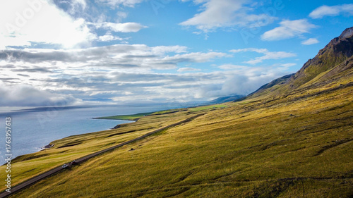 Aerial View of Coastal Landscape near Sauðárkrókur, North Iceland