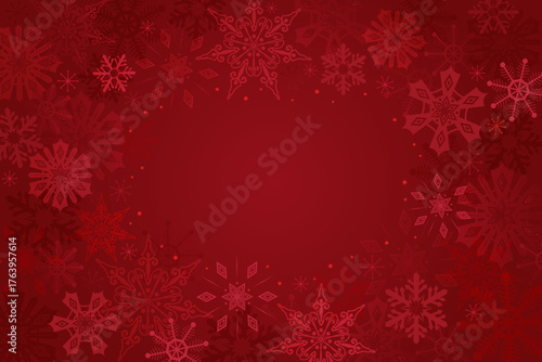 Christmas crimson red background with snowflakes. New year frame and copy space. Holiday border fancy freeze crystals. Shiny luxury winter backdrop for greeting card, packaging design, wallpaper.