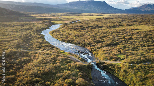 Aerial View of Brúarfoss Waterfall and Footbridge in Southwest Iceland