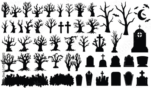 Spooky Graveyard Silhouettes: Bare Trees, Tombstones, and Crosses for Halloween Decor Designs