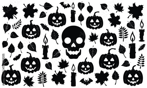 Spooky Halloween Decorations: Jack-O'-Lanterns, Skulls, Candles, Bats, and Autumn Leaves for Festive Home Decor
