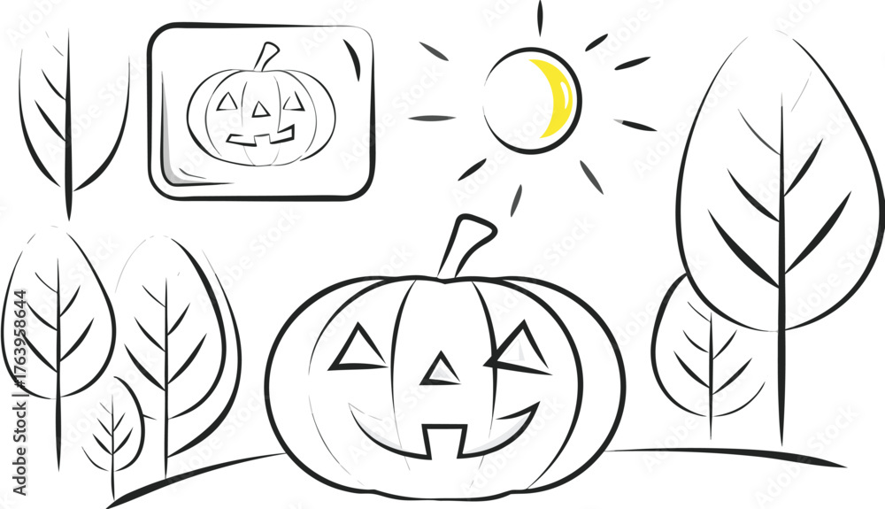 Fototapeta premium Cheerful Jack-O'-Lantern in Sunny Forest Line Art - Halloween Coloring Pages, Crafts, Decor, and Fun Pumpkin Design Ideas