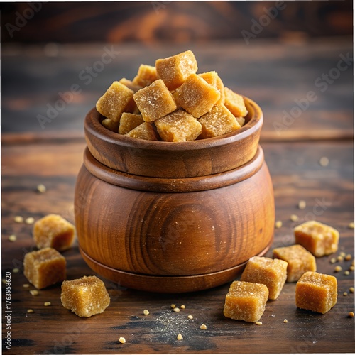 golden jaggery pieces arranged around rustic wooden jar on bright white background healthy sweetener still life photography