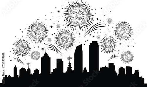 Silhouette of a vibrant city skyline illuminated by a spectacular display of fireworks