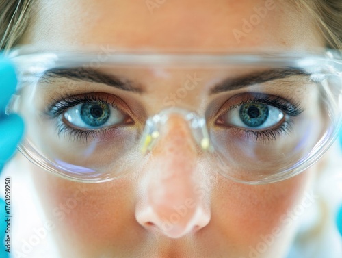 A person wearing protective glasses peers forward with intense focus on important research. A close up shows a person wearing safety glasses and gloves looking intently forward for research.