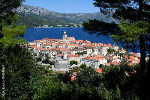 Korcula Old Town panorama. Top view on the Korcula Old Town.