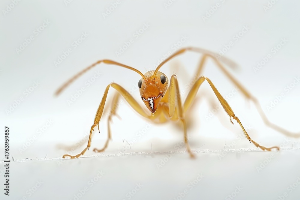 Fototapeta premium Macro View of a Golden Ant: An up-close view of a single ant with a golden hue, showcasing intricate details of its anatomy.