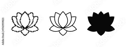 Three Lotus Flower Representations: Pixel, Outline, and Solid Black Shapes