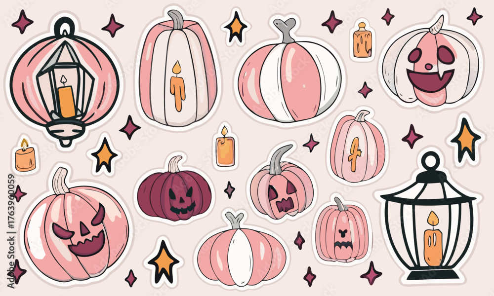 Fototapeta premium Discover Playful Pumpkin Stickers: Jack-O'-Lanterns, Lanterns, Candles, Stars for Halloween Crafts, Decor - Fun 2025 Spooky Collection, Ideal for Autumn Creations!