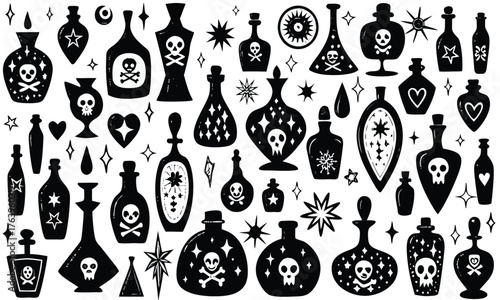 Unveil Mysterious Potion Stickers: Black Silhouette Bottles, Skulls, Stars, and Hearts for Halloween Crafts, Wall Art, Decor - Exclusive 2025 Spooky Collection, Perfect for Witchy Designs!