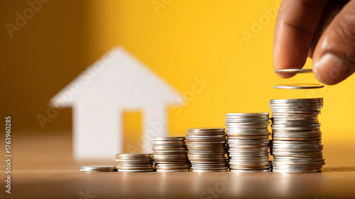 Rising stacks of coins beside a house shape visualizing saving for a home mortgage planning and long term financial growth and security
